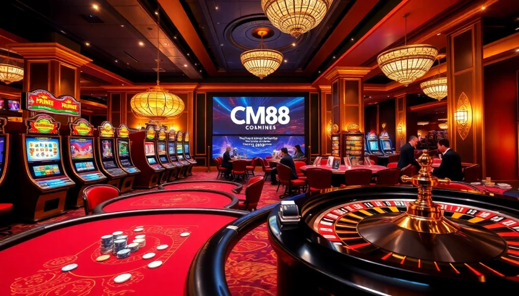 Excited players engaging in games at CM88 casino, showcasing vibrant slot machines and roulette.