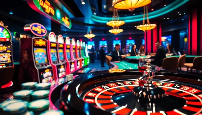 Experience the thrill of birutoto gaming with vibrant slot machines and an exciting roulette wheel.