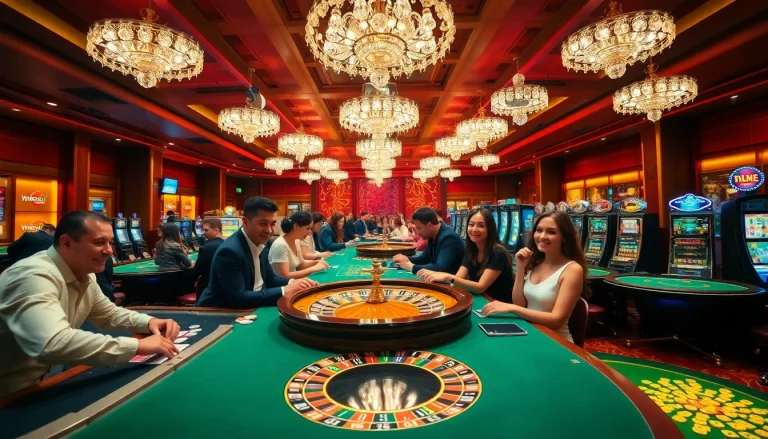 Players celebrating wins at the luxurious MM 88 casino with vibrant gaming tables and roulette wheels.