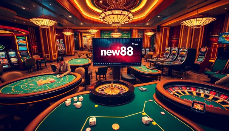 Players enjoying vibrant casino games at new88 com with poker tables and slot machines.