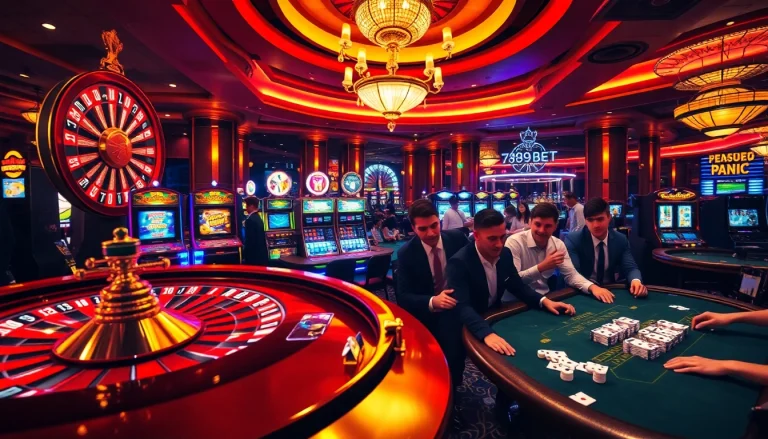 A thrilling casino scene showcasing players engaged in blackjack at 789bet, with vibrant slot machines and roulette wheel.