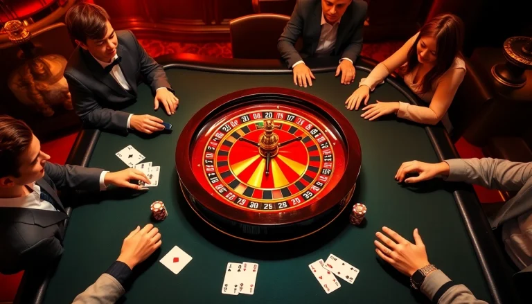 Experience the thrill of GG88 with a lively casino table, featuring roulette and poker chips in an elegant setting.