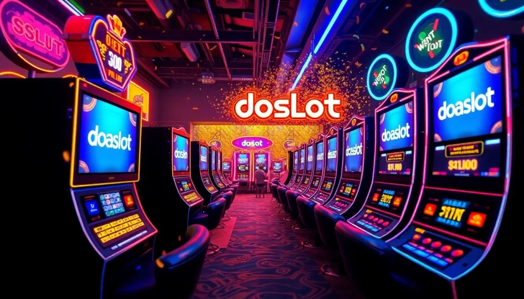 Exciting doaslot digital casino showcasing vibrant slot machines, celebrating wins with confetti and coins.