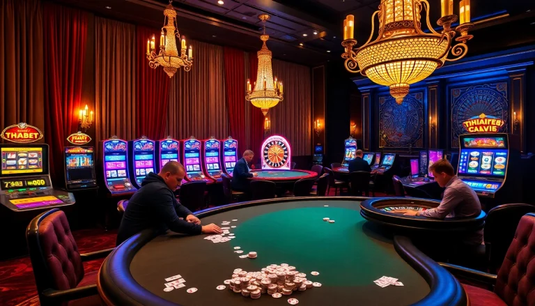 High-stakes gambling excitement at https://thabet.vegas/ with poker tables and flashing slot machines.