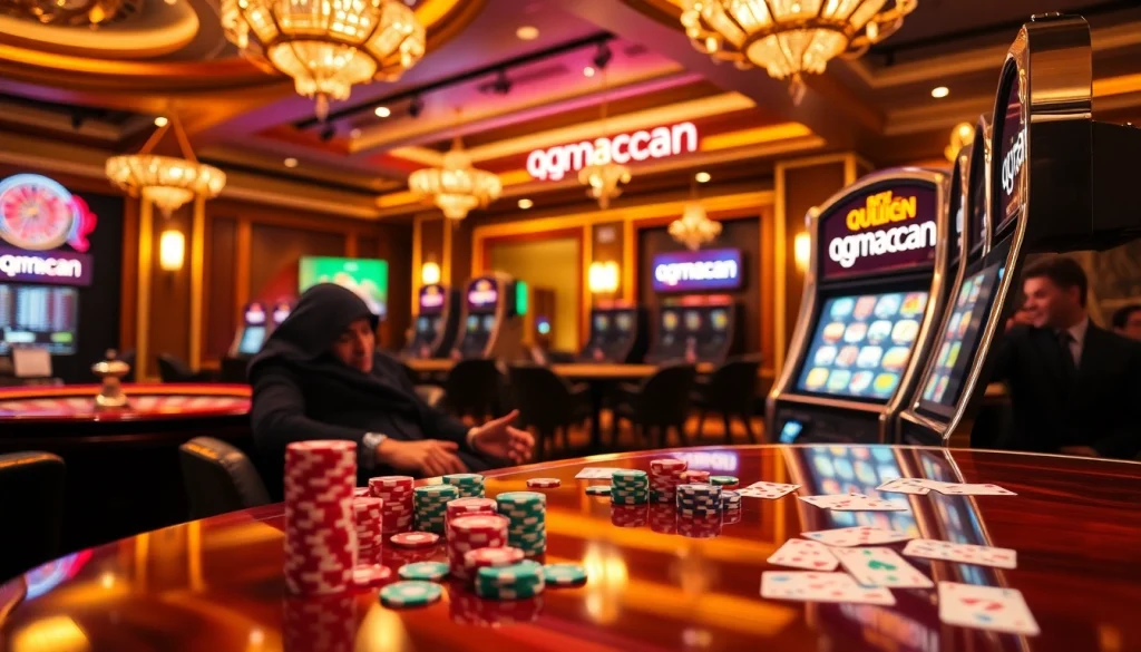Excited player engaging with a qqmacan-themed slot machine in a luxurious casino atmosphere.