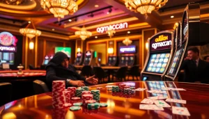 Excited player engaging with a qqmacan-themed slot machine in a luxurious casino atmosphere.