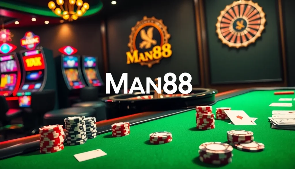 Man88 casino scene with an elegant table, poker chips, and roulette wheel under ambient lighting.