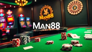 Man88 casino scene with an elegant table, poker chips, and roulette wheel under ambient lighting.