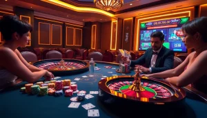 Exciting scene of cổng game 789club with players at a luxury poker table and vibrant casino elements.