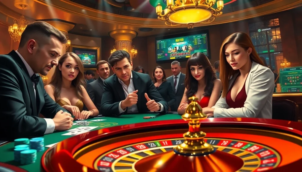 Exciting casino scene with players engaging in games at rik vip tables, showcasing luxury and strategy.