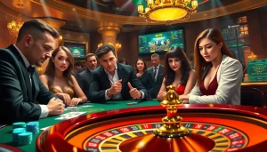 Exciting casino scene with players engaging in games at rik vip tables, showcasing luxury and strategy.