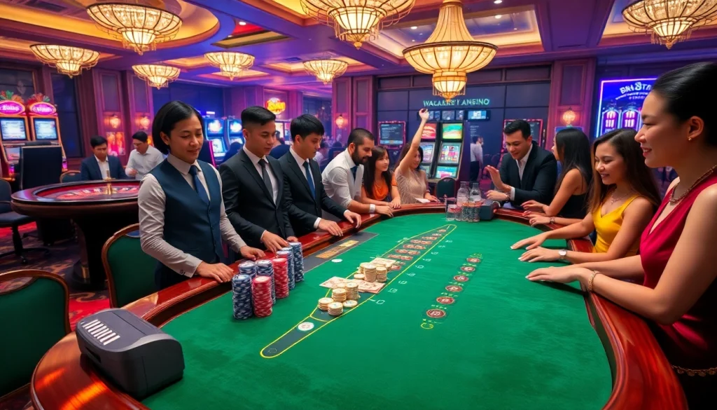 Engage with the thrill of bk8thai ทางเข้า at a vibrant casino table filled with excited players and colorful chips.