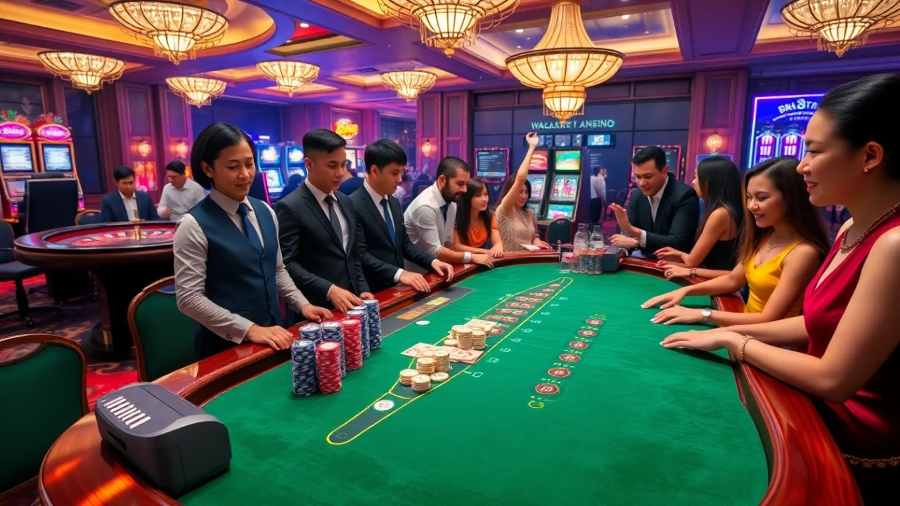 Engage with the thrill of bk8thai ทางเข้า at a vibrant casino table filled with excited players and colorful chips.