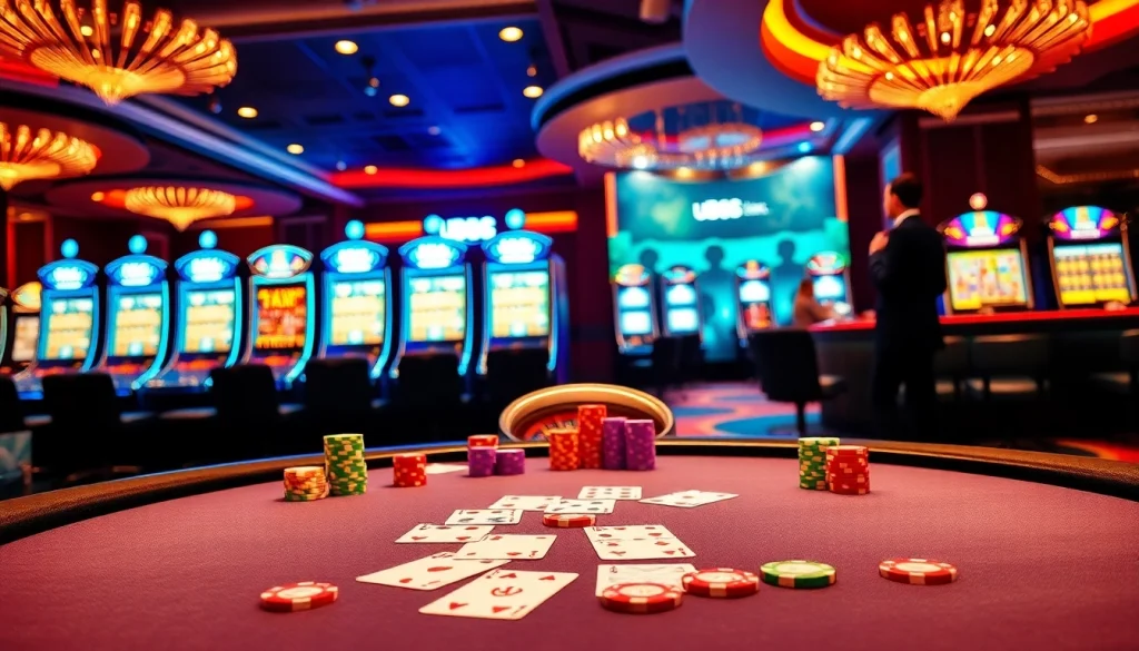 Experience thrilling gameplay at u888 with an elegant poker table and vibrant casino atmosphere.