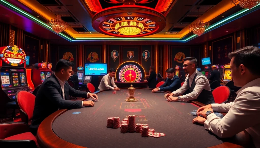 Experience thrilling gaming excitement at urr88.com with a vibrant casino scene featuring poker tables and slot machines.