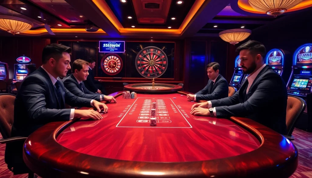 Engage with the excitement of 555win as players strategize at a glamorous casino poker table.