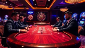 Engage with the excitement of 555win as players strategize at a glamorous casino poker table.
