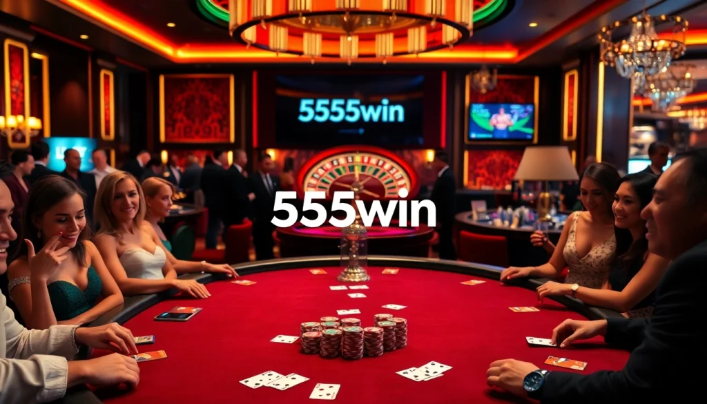 Players at the 555win casino table engage in an exciting poker game with vibrant chips and cards.
