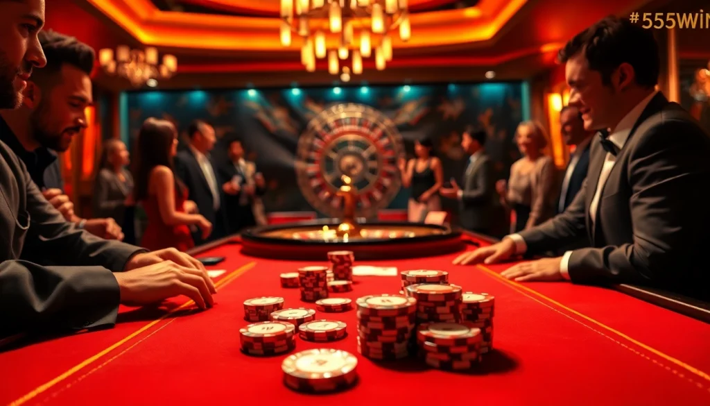 Excited players at a vibrant casino table enjoy high stakes poker at 555win.