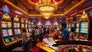 Experience the excitement of slot gacor hari ini with vibrant casino machines and animated players.