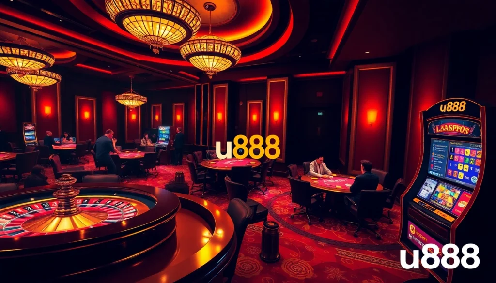 Excited players enjoying a high-stakes game at u888 casino with vibrant betting tables.