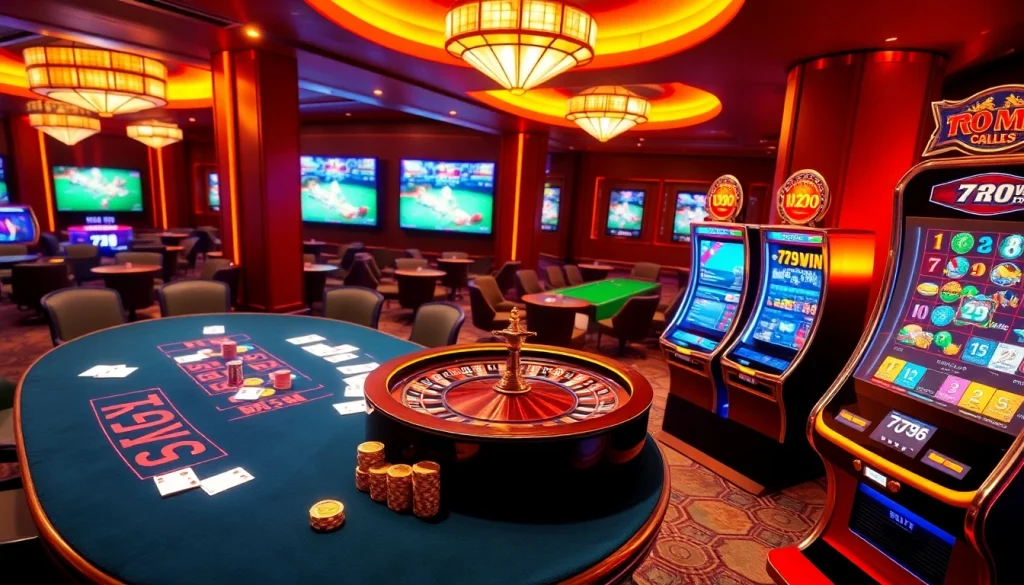 Engaging scene of 789win trang chu highlighting a vibrant online casino atmosphere with poker table and digital elements.