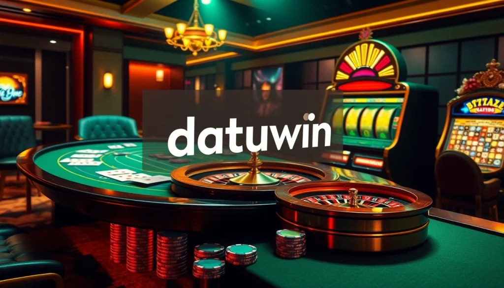 Adegan perjudian online yang menarik menampilkan Datukwin dengan meja poker, roda roulette, dan mesin slot.