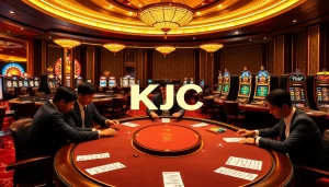 KJC casino scene with poker tables and roulette wheels featuring professional gameplay.