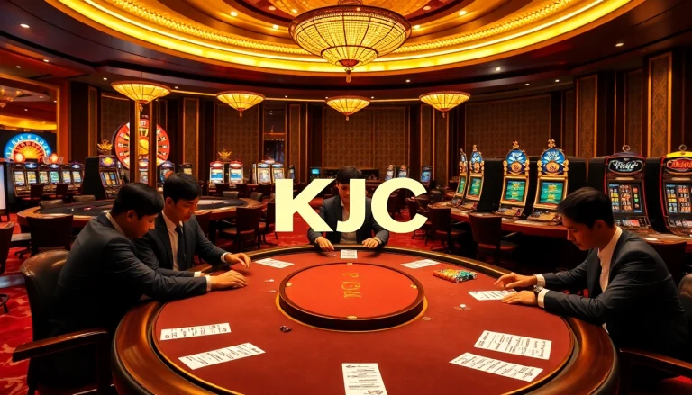 KJC casino scene with poker tables and roulette wheels featuring professional gameplay.